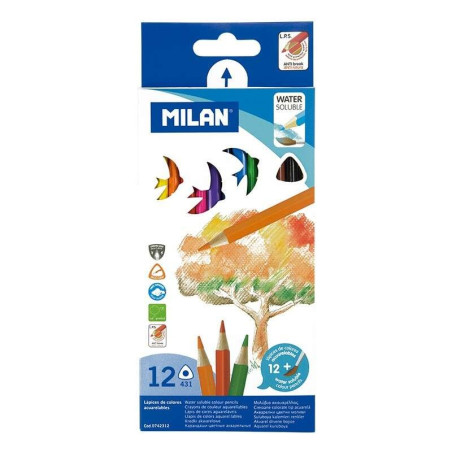 Milan Lot de 12 Crayons de Couleur Aquarelle Triangulaires + Pinceau - Mine 2,9 mm - Trait Uniforme - Incassable