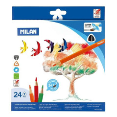 Milan Lot de 24 Crayons Aquarelle Triangulaires + Pinceau - Mine 2,9 mm - Trait Uniforme - Incassable - Couleurs Assorties