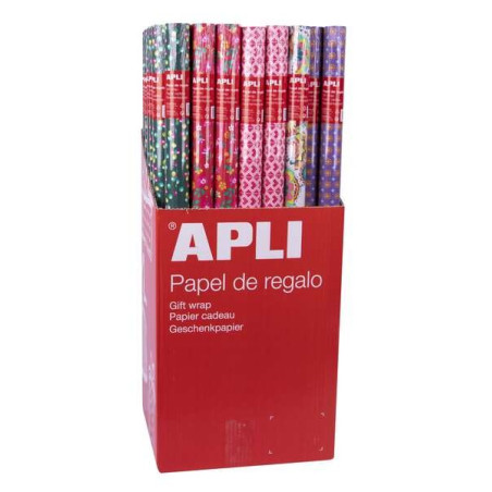 Apli Présentoir de 55 Rouleaux de Papier Cadeau Tendance - 11 Rouleaux par Couleur - Dimensions Rouleau 070x2m - 5 Dessins