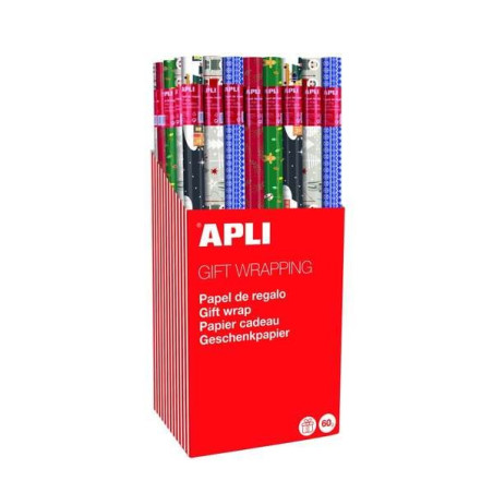 Apli Présentoir de 55 Rouleaux de Papier Cadeau de Noël - 11 Rouleaux par Couleur - Dimensions du Rouleau 0,70x2m - 5 Dessins