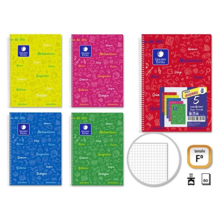 Pack Doré de 5 Cahiers Sujet Folio 80 Feuilles 90gr Grille 4x4 - Résistant - Idéal pour les étudiants - Couverture Souple