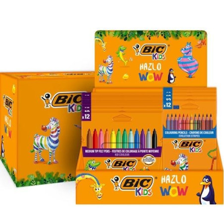 Bic Kids Présentoir de 12 Paquets de 12 Feutres Couleur + 12 Paquets de 12 Crayons de Couleur Evolution Stripes