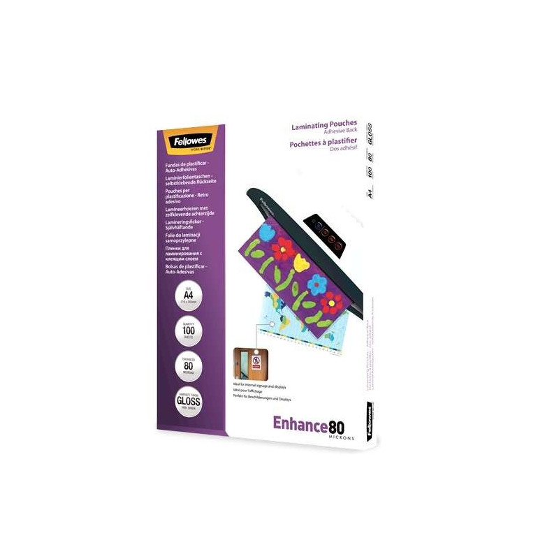 Fellowes Lot de 100 Pochettes de Plastification Brillantes Autocollantes A4 - 80 Microns - Haute Qualité - Transparent