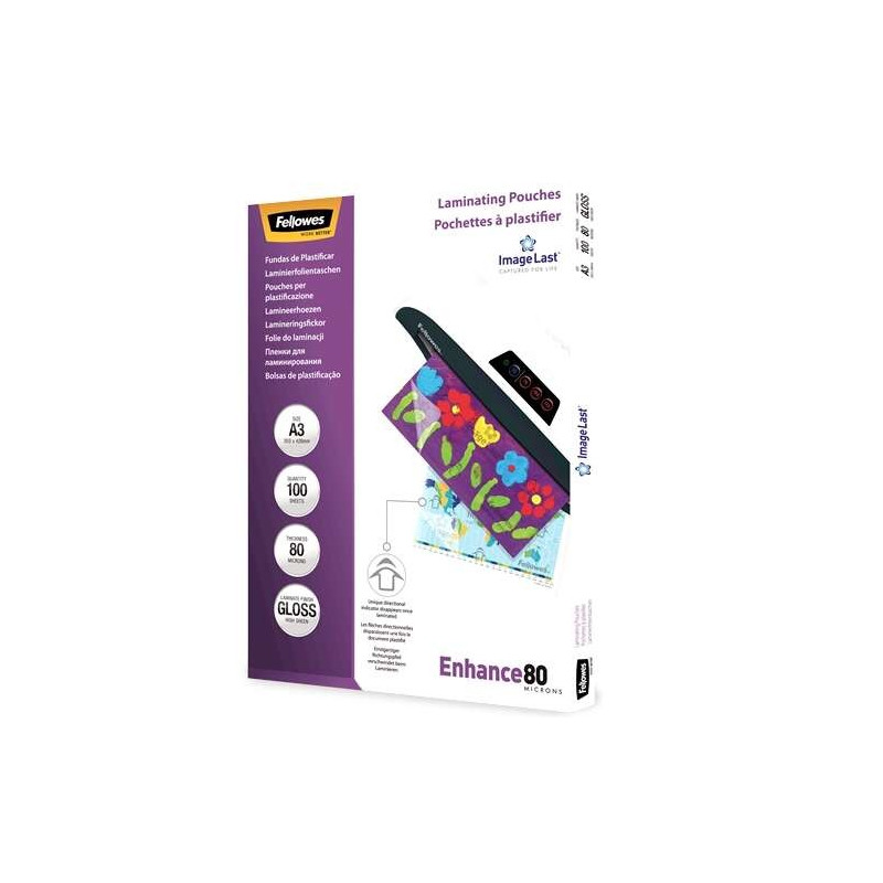 Fellowes Pack de 100 Pochettes de Plastification Brillantes A3 - 80 Microns - Haute Qualité - Transparent