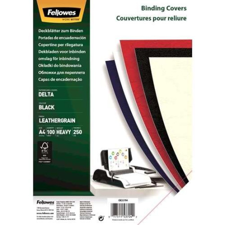 Fellowes Pack de 100 Couvertures Carton Simili Cuir Delta Cuir A4 - 250 gr - Coloris Noir