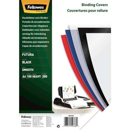 Fellowes Pack de 100 Couvertures A4 en Polypropylène - 280 Microns - Très Résistantes - Coloris Noir