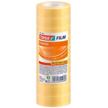 Tesa Tesafilm Standard Pack de 10 Rubans Adhésifs Transparents 15mmx33m - Bonne Adhérence et Haute Résistance aux UV - Sans PVC