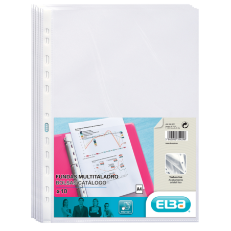 Elba Lot de 10 Pochettes PP Multi-Percées 70 Microns - Format A4 - Finition Cristal - Transparent