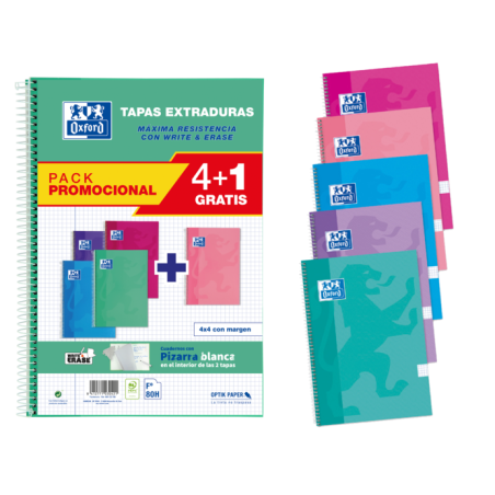 Oxford School Classic Write&Erase Pack 4+1 Fº - Carnet à Spirale - Couverture Extra Rigide - 4x4 avec Marge - 80 Feuilles