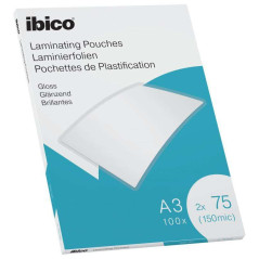 Ibico Boîte de 100 Feuilles de Plastification Brillantes A3 75 Microns - Finition Cristalline Haute Brillance