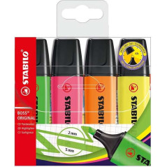 Stabilo Boss 70 Pack de 4 Feutres Fluorescents - Trait entre 2 et 5 mm - Rechargeable - Encre à Base d'Eau - Couleurs Assorties