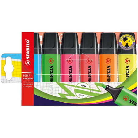 Stabilo Boss 70 Pack de 6 Feutres Fluorescents - Trait entre 2 et 5 mm - Rechargeable - Encre à Base dEau - Couleurs Assorties
