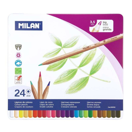 Milan Lot de 24 crayons de couleur hexagonaux - Mine épaisse 3,5 mm - Trait uniforme - Incassable - Couleurs assorties