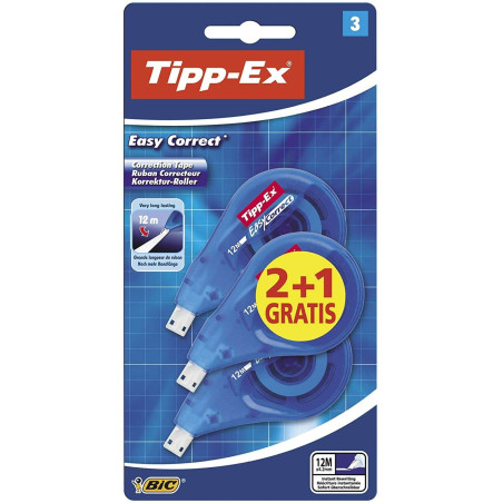 Tipp-Ex Easy Correct 2+1 Pack de 3 Rubans Correcteurs 4,2mm x 12m - Résistant - Écriture Instantanée (Blister)