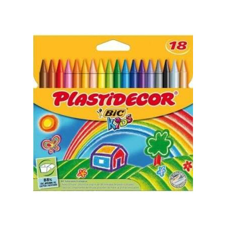 Bic Kids Plastidecor Boîte de 18 Crayons Cire - Extra résistants - Faciles à tailler - Ne tachent pas
