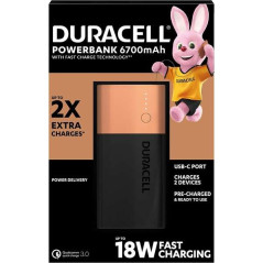 Batterie Externe/Power Bank Duracell 6700mAh PD 18W et QC 3.0 - 1x USB-A, 1x USB-C - Indicateurs LED - 2 Appareils Simultanément