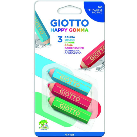 Giotto Happy Eraser Pack de 3 Gommes - Plastique - Couleurs Assorties