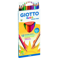 Giotto Elios Wood Free Lot de 12 crayons de couleur triangulaires - Sans bois - Mine 33 mm - Couleurs assorties