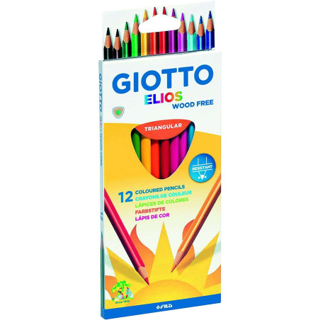 Giotto Elios Wood Free Lot de 12 crayons de couleur triangulaires - Sans bois - Mine 33 mm - Couleurs assorties