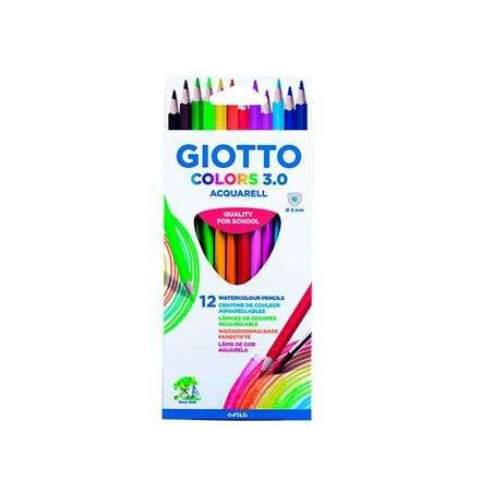 Giotto Colors Acquarell 30 Lot de 12 crayons aquarelle triangulaires - Mine 3 mm - Bois - Couleurs assorties