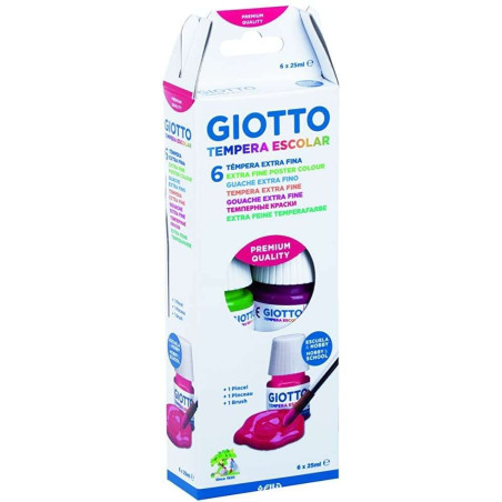 Giotto Tempera Pack de 6 Pots de 25 ml  Pinceau - À base deau - Excellente couverture - Couleurs assorties