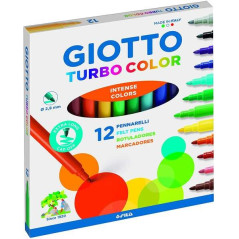 Giotto Turbo Color Pack de 12 Marqueurs - Pointe Fine 2,8 mm. - Encre à l'eau - Lavable - Couleurs assorties