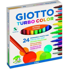 Giotto Turbo Color Pack de 24 Marqueurs - Pointe Fine 28 mm - Encre à leau - Lavable - Couleurs assorties