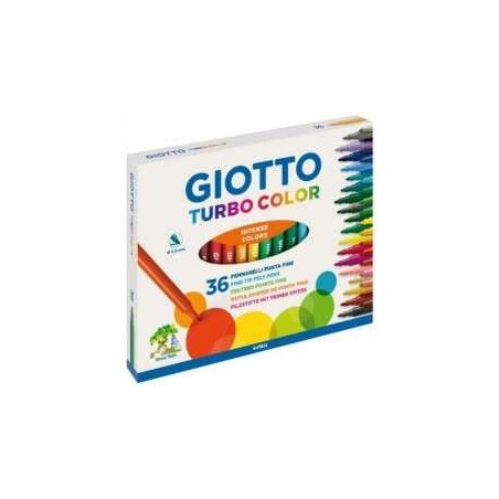 Giotto Turbo Color Pack de 36 Marqueurs - Pointe Fine 28 mm - Encre à leau - Lavable - Couleurs assorties