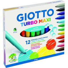 Giotto Turbo Maxi Pack de 12 Marqueurs - Pointe Épaisseur 5 mm - Encre à Eau - Lavable - Couleurs Assorties