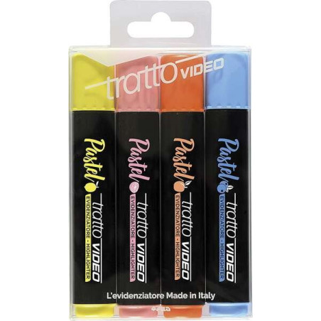 Tratto Video Pastel Pack de 4 Feutres Fluorescents - Pointe Biseautée - Encre à Eau - Séchage Rapide - Couleurs Assorties
