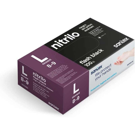 Santex Flash Black Pack de 100 Gants en Nitrile Taille L - 6 grammes - Sans poudre - Sans Latex - Non Stériles - Couleur Noir