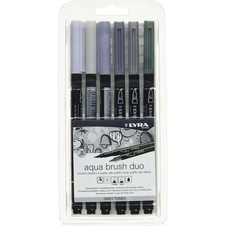 Lyra Aqua Brush Duo Pack 6 marqueurs double pointe - Traits 1-5 et 1 mm - Encre à base d'eau - Couleurs tons gris
