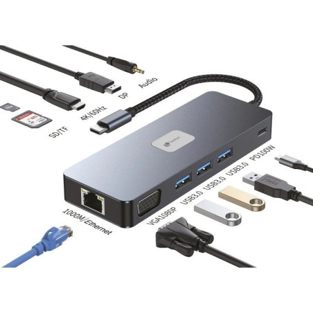 Adaptateur Leotec 11 en 1 Plus USB-C vers 1xDisplayPort, 1xHDMI, 1xVGA, 1xRJ45, 3xUSB-A 3.2, 1xUSB-C PD, 1xTF+1xSD, 1x Audio