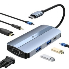 Leotec 7 en 1 USB-C vers 1xHDMI 1xVGA 1xUSB-A 30 1xUSB-A 20 1xUSB-C 1x USB-C PD 1xAdaptateur audio - Gris
