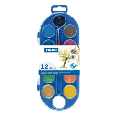 Pack de 6 - Milan Coffret de 12 Aquarelles Ø30 mm + Pinceau Série 101 - Miscible - Couleurs Assorties