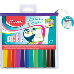 Maped Marker'Peps Pack de 12 Marqueurs pour Tableau Blanc - Pointe Bullet 1,5 mm - Effaçable à Sec - Sac Zippé Pratique
