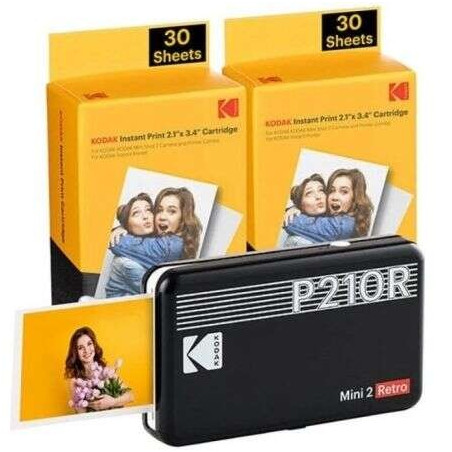 Pack Imprimante Photo Portable Bluetooth Rétro Kodak Mini 2 + 60 Feuilles de Papier Photo - Format d'impression 5,3x8,6 cm