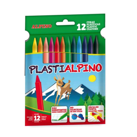 Alpino Pack de 12 Crayons PlastiAlpino pour Enfants - Matière Résistante - Ne Tache pas - Couleurs Vives - Couleurs Assorties