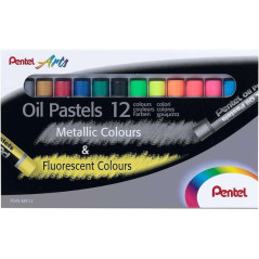 Pentel Pastels à l'huile Lot de 12 pastels à l'huile – 6 métalliques et 6 fluorescents – Doux, crémeux et séchage lent –