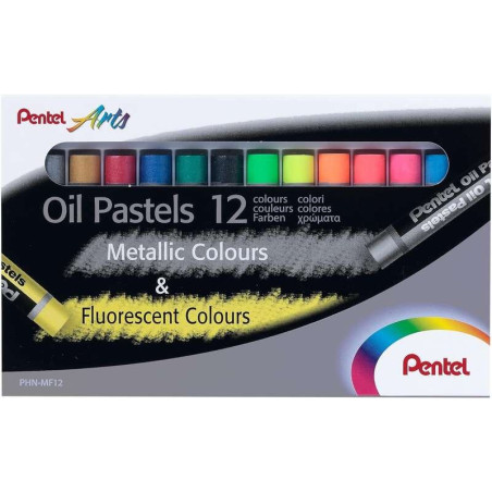 Pentel Pastels à l'huile Lot de 12 pastels à l'huile – 6 métalliques et 6 fluorescents – Doux, crémeux et séchage lent –