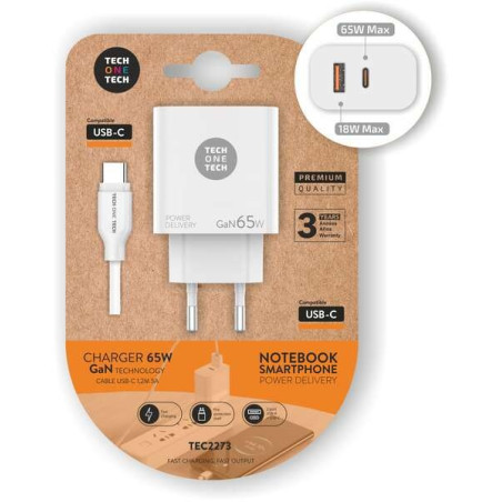 Chargeur Mural TechOneTech GaN PD 30 65W - Pour Ordinateurs Portables et Smartphones - Câble USB-C vers USB-C 1m