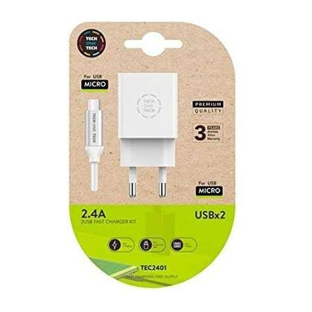Chargeur Double Mural TechOneTech  Câble USB-A vers Micro-USB 24 1m - Enduit Nylon Tressé
