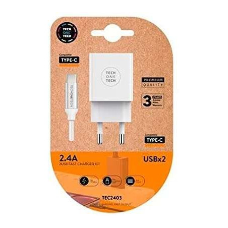 Chargeur Double Mural TechOneTech  Câble USB-A vers USB-C 1m - Enduit Nylon Tressé