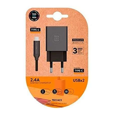Chargeur Double Mural TechOneTech  Câble USB-A vers USB-C 1m - Enduit Nylon Tressé