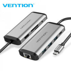 Vention Station d'accueil 9 en 1 USB-C vers HDMI 4K/3xUSB 3.0/RJ45/Lecteur SD/MicroSD/Jack Audio/PD 87W - 0,15m - Couleur Gris