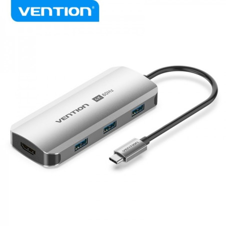 Station d'accueil Vention 5 en 1 USB-C vers HDMI/3xUSB3.0/PD - 0,15m - Aluminium gris