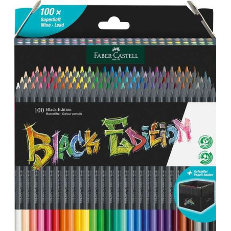 Faber-Castell Black Edition Pack de 100 Crayons de Couleur - Mine Super Douce - Bois Noir