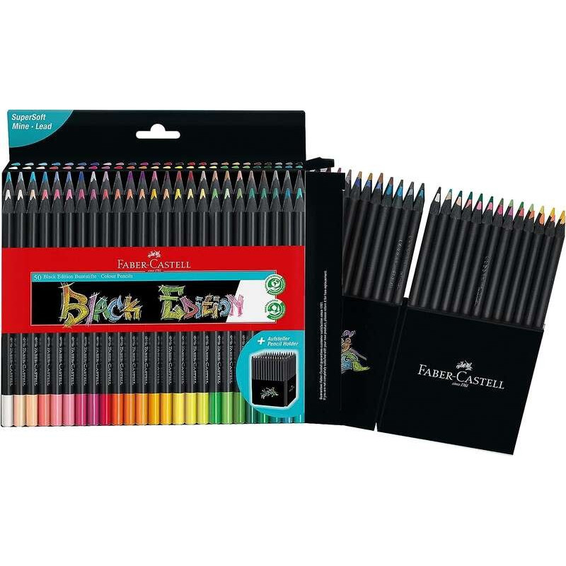 Faber-Castell Black Edition Pack de 50 Crayons de Couleur - Mine Super Douce - Bois Noir