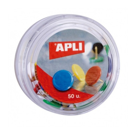 Apli Boîte de 50 punaises nickelées à tête en plastique - Tête arrondie - Pointes pointues - Couleurs assorties