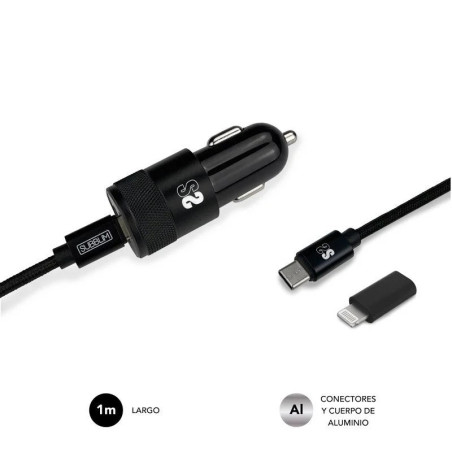 Chargeur Voiture Subblim Dual PD20W+QC3.0+Câble C vers C/Lightning - Chargement Rapide - 2 Ports USB C + USB A